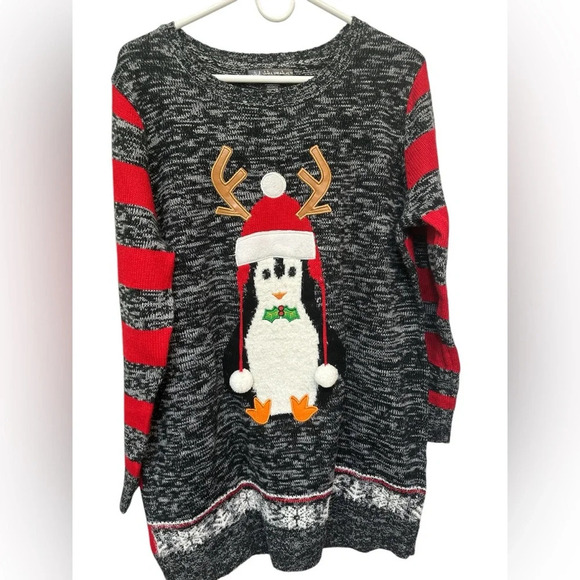United States Sweaters black and red stripe penguin with reindeer hat sweater - Picture 1 of 7